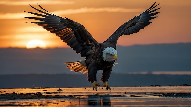 Bald Eagle flying in the sunset sky