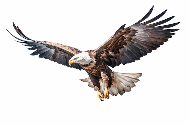 A bald eagle flying with wings spread and the word eagle on the left