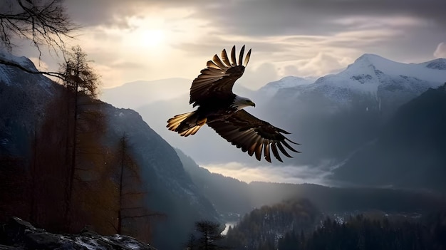 Bald Eagle Haliaeetus Leucocephalus white head flying in the air with mountain and highland background forest evening sunset