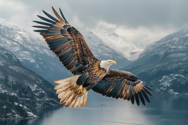 A bald eagle is flying over bodies of water between mountains