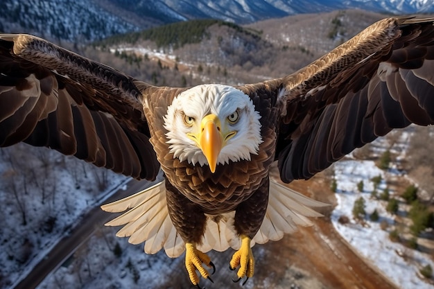 A bald eagle is flying in the sky with the mountains in the background.