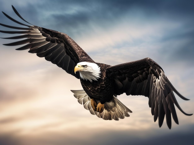 A bald eagle is flying in the sky with the sun shining on its wings.