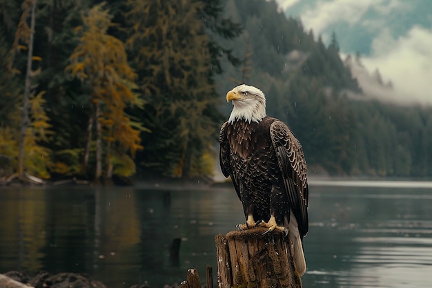 Photo a bald eagle is perched on a tree stump in front of a lake