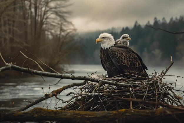 Photo a bald eagle is sitting on a branch with a tree in the background