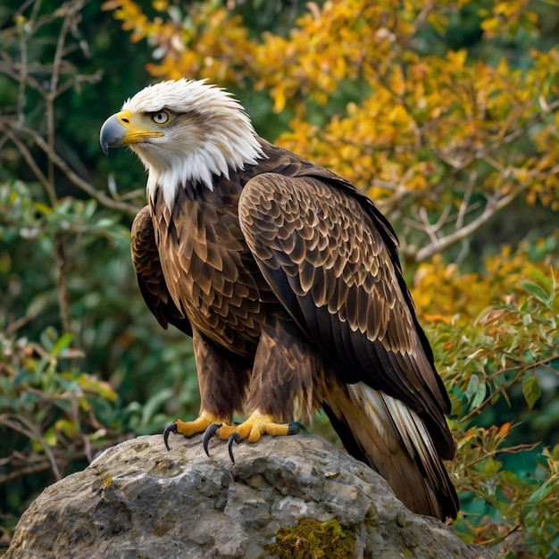 Photo a bald eagle is standing on a rock with a tree in the background