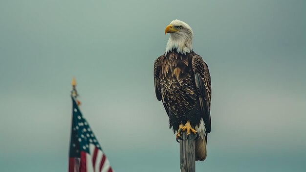 Bald Eagle Perched on American Flag National Pride Symbol with Text Space Photo Realistic Concep