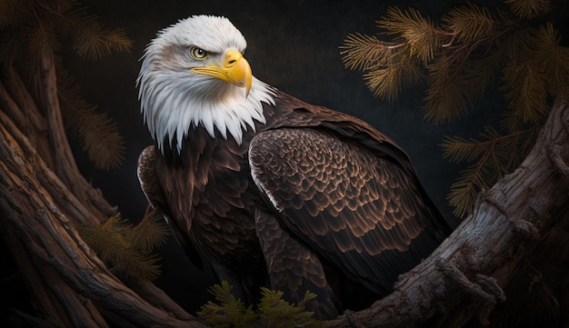 Bald eagle perched on branch hunting prey generative AI