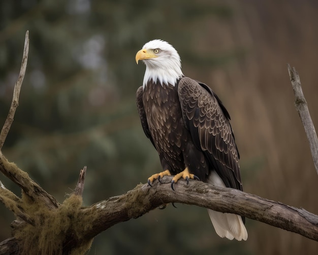 Bald eagle perched on branch staring proudly