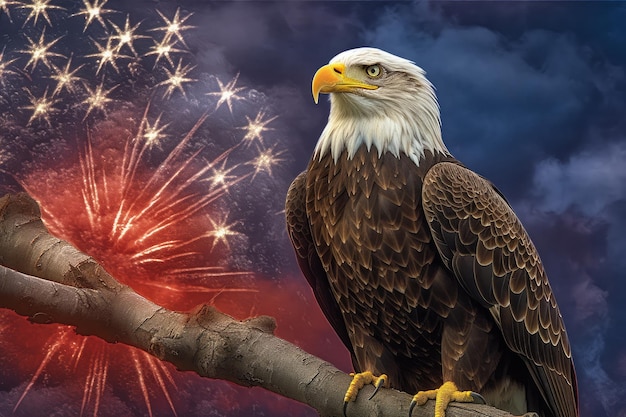 A bald eagle perched on a branch with fireworks in the background Generative AI