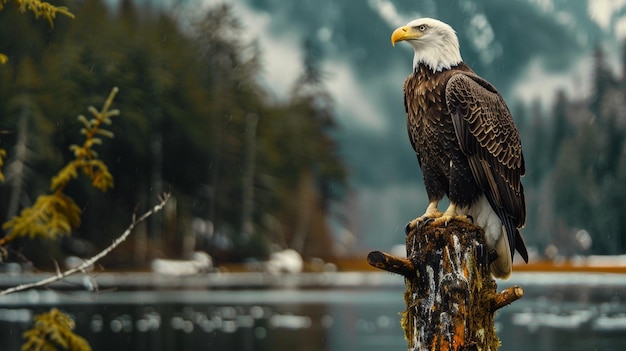 Photo bald eagle perched regally on weathered stump alaskan majesty ai generated art