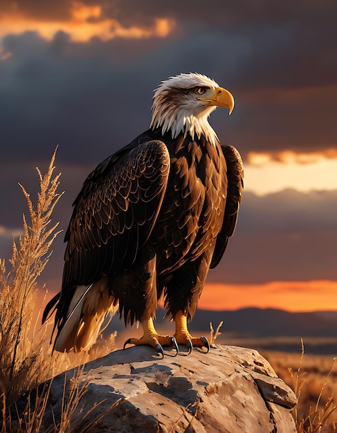 Bald Eagle perched on a rock at sunset