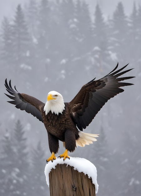 A bald eagle perched on a snowy surface with its wings partially spread and its sharp beak visible