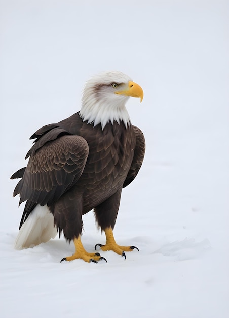 A bald eagle perched on a snowy surface with its wings partially spread and its sharp beak visible