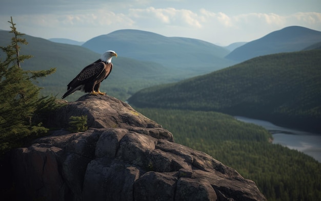 Bald Eagle perched a top rocky cliff with mountain background Generative AI