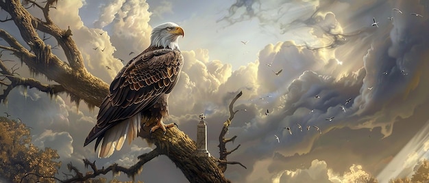 Bald Eagle Perched on Tree Branch with American Flag