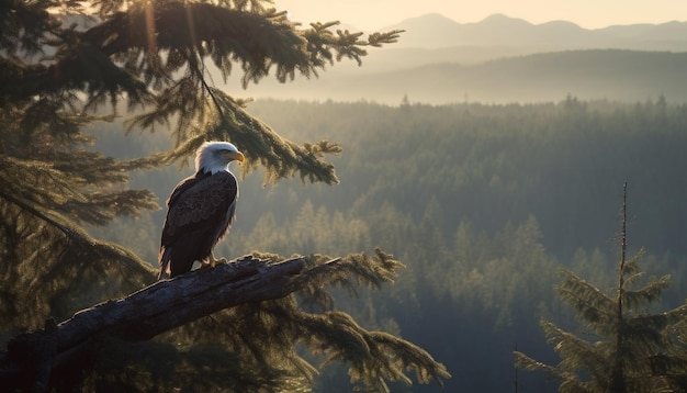 Bald eagle perching on branch at sunset generated by AI