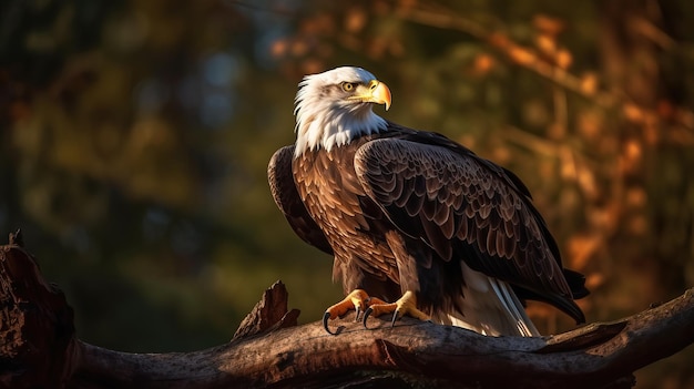 A bald eagle sits on a branch in the sun