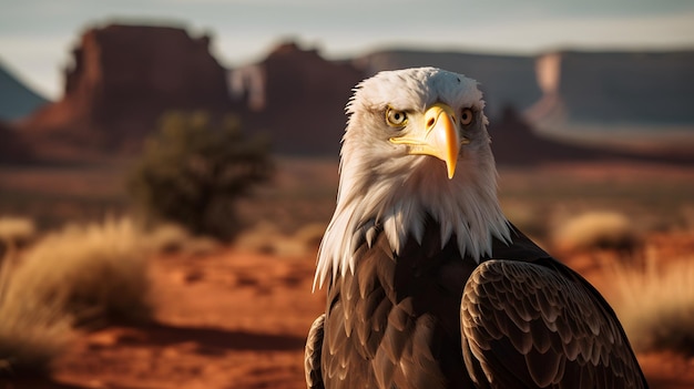 A bald eagle sits in a desert landscape with mountains in the background.