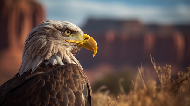 A bald eagle sits in a field of grass with a mountain in the background.