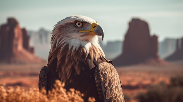 A bald eagle sits in a field of grass with a mountain in the background.