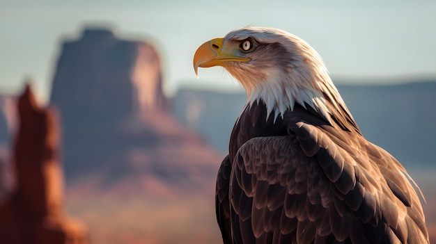 A bald eagle sits in front of a mountain backdrop.