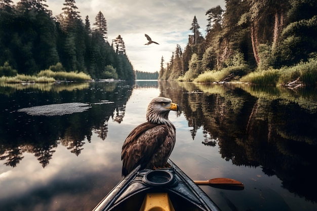 A bald eagle sits in a kayak with a bird flying overhead