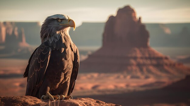 A bald eagle sits on a rock in the desert.