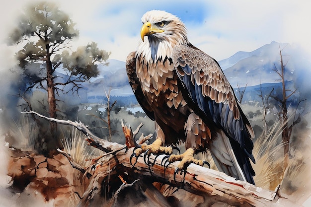 Bald Eagle sitting on a branch in a snowy forest Digital watercolor style painting