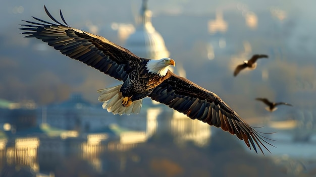 Bald Eagle Soaring by Capitol Building Symbolizing Government Strength in USA with Space for Text