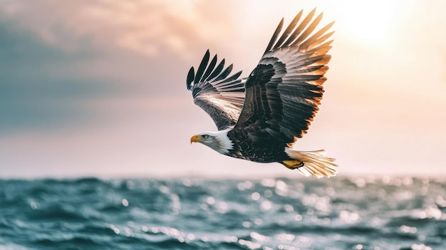 Bald Eagle Soaring Over Ocean at Sunset