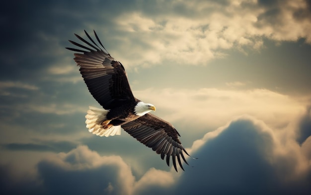 Bald eagle soaring in the sky with wings spread wide The background is cloud Generative AI