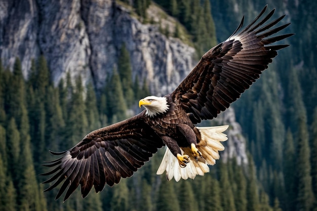 Bald eagle soars through the air with its wings fully spread out