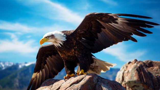 Bald eagle spreads its wings while perched on top of large rock Generative AI