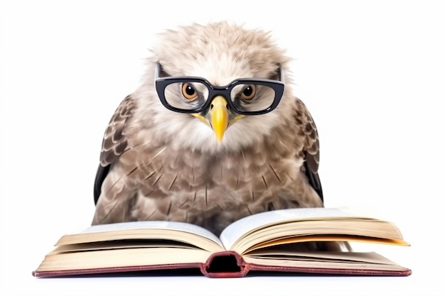 a bald eagle wearing glasses and reading a book