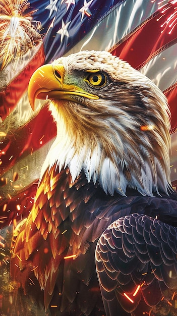 Bald Eagle with American Flag Backdrop in Forest