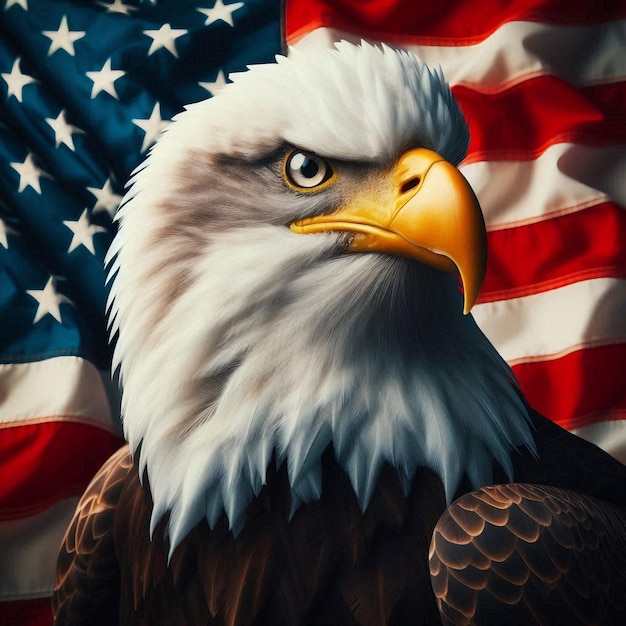 Bald Eagle with American flag in the backdrop