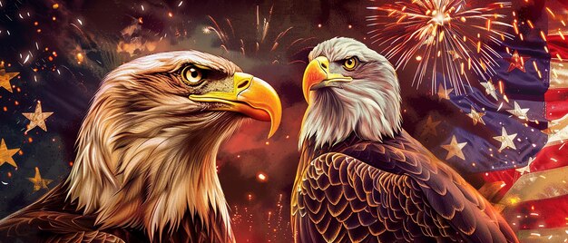 Bald Eagle with American Flag and Fireworks