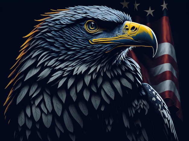 A bald eagle with the american flag behind it