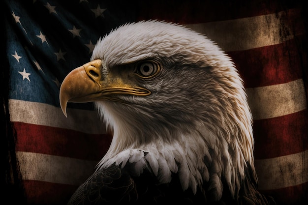 A bald eagle with the american flag behind it.