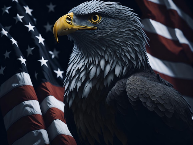 A bald eagle with a flag in the background