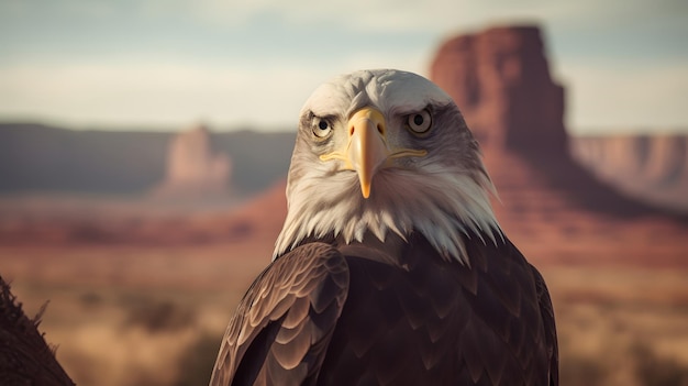 A bald eagle with a mountain background