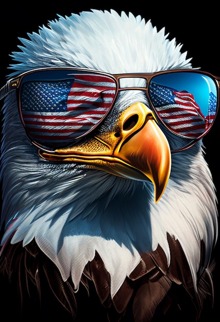 A bald eagle with sunglasses and the american flag on it