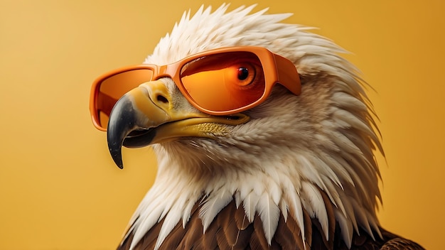 a bald eagle with sunglasses on its head and a pair of orange goggles