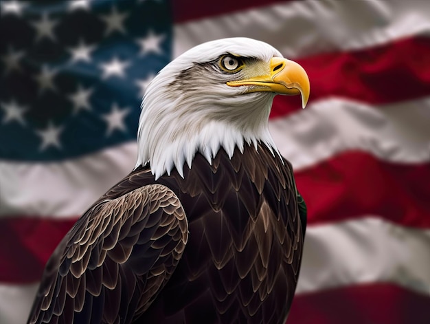 A bald eagle with a USA flag in the background