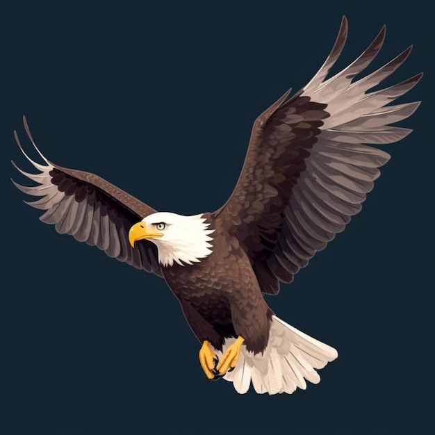 A bald eagle with wings spread and a blue background