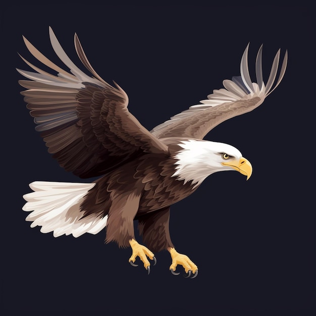 A bald eagle with wings spread and a dark background