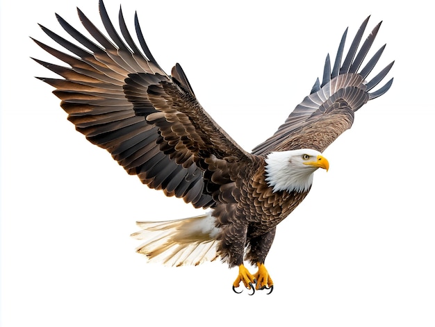 Bald Eagle with wings spread in flight isolated on white background