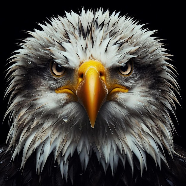 a bald eagle with a yellow beak and a black background