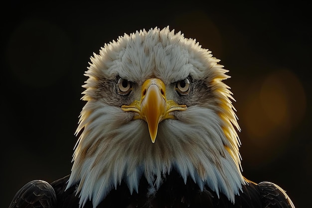 a bald eagle with a yellow beak and a black background