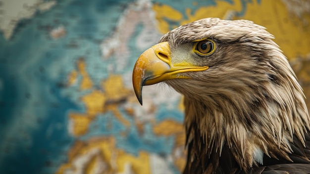 a bald eagle with a yellow beak and a blue background